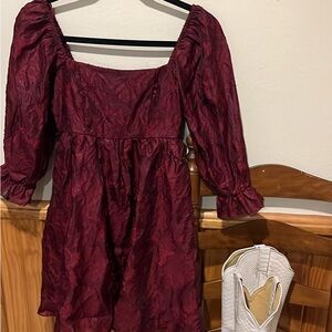Allison + Kelly Maroon Puff Sleeve Square Neck Dress